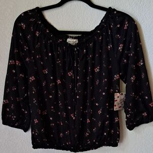 Free Kisses Black and Pink Tie Front Blouse with Cuffed Sleeves